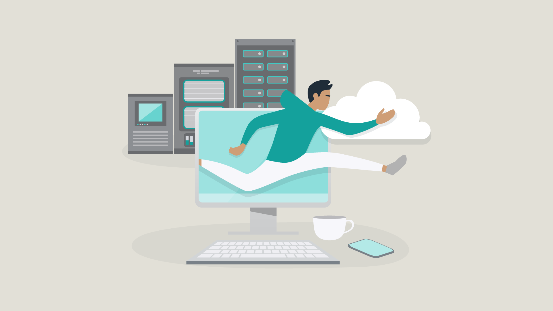 Hero illustration showing the leap from on-premise technology to the cloud