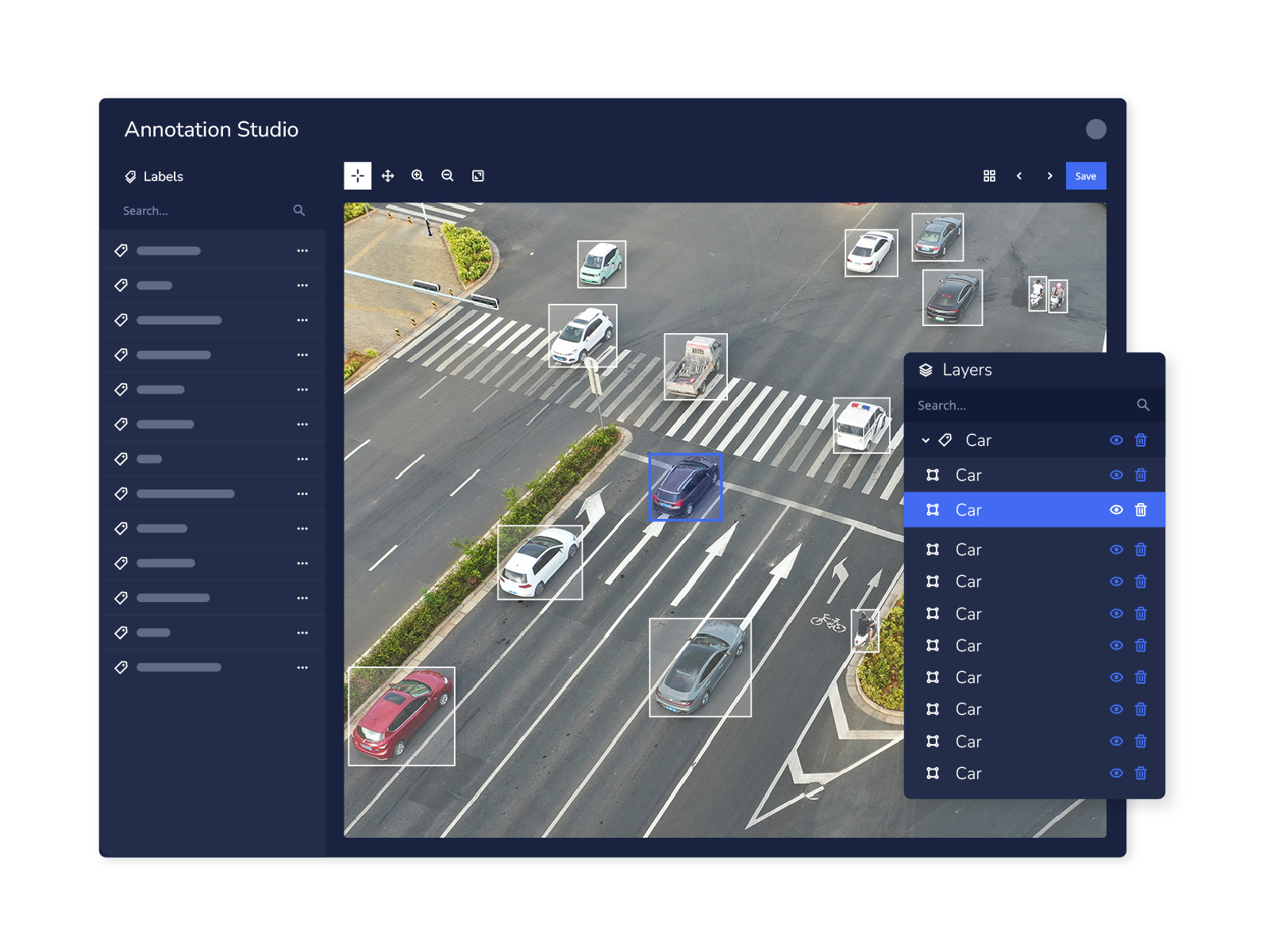 Annotation Studio illustration showing vehicles identified by a model